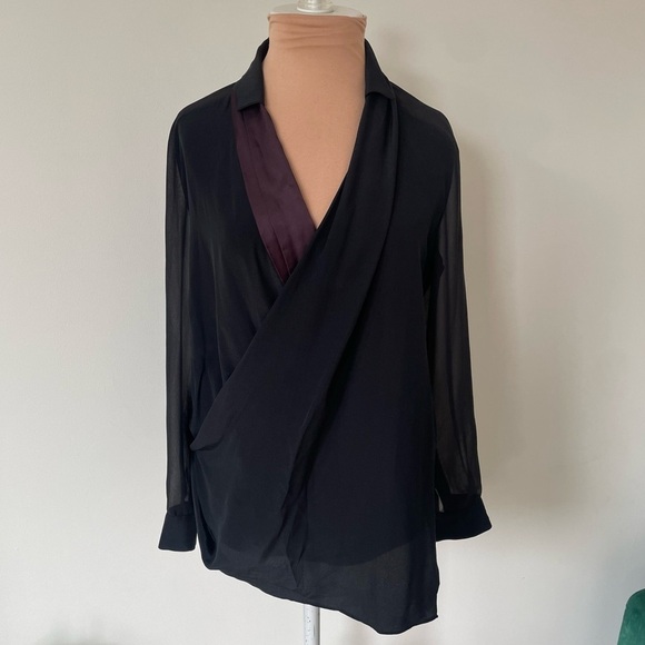 All Saints Allsaints Black Plum Asymmetric Long Sleeve Silk Lucas Shirt Size 2 - Picture 2 of 9